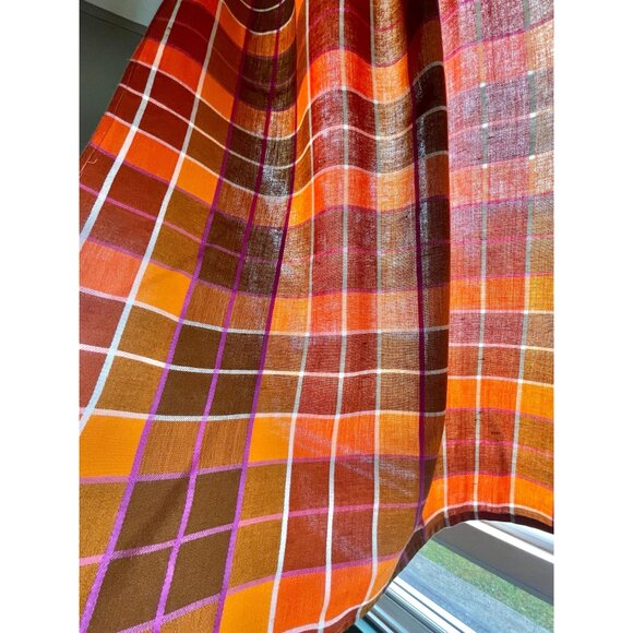 Vintage 70s pleated curtain, orange brown yellow purple plaid, single panel - Picture 3 of 10